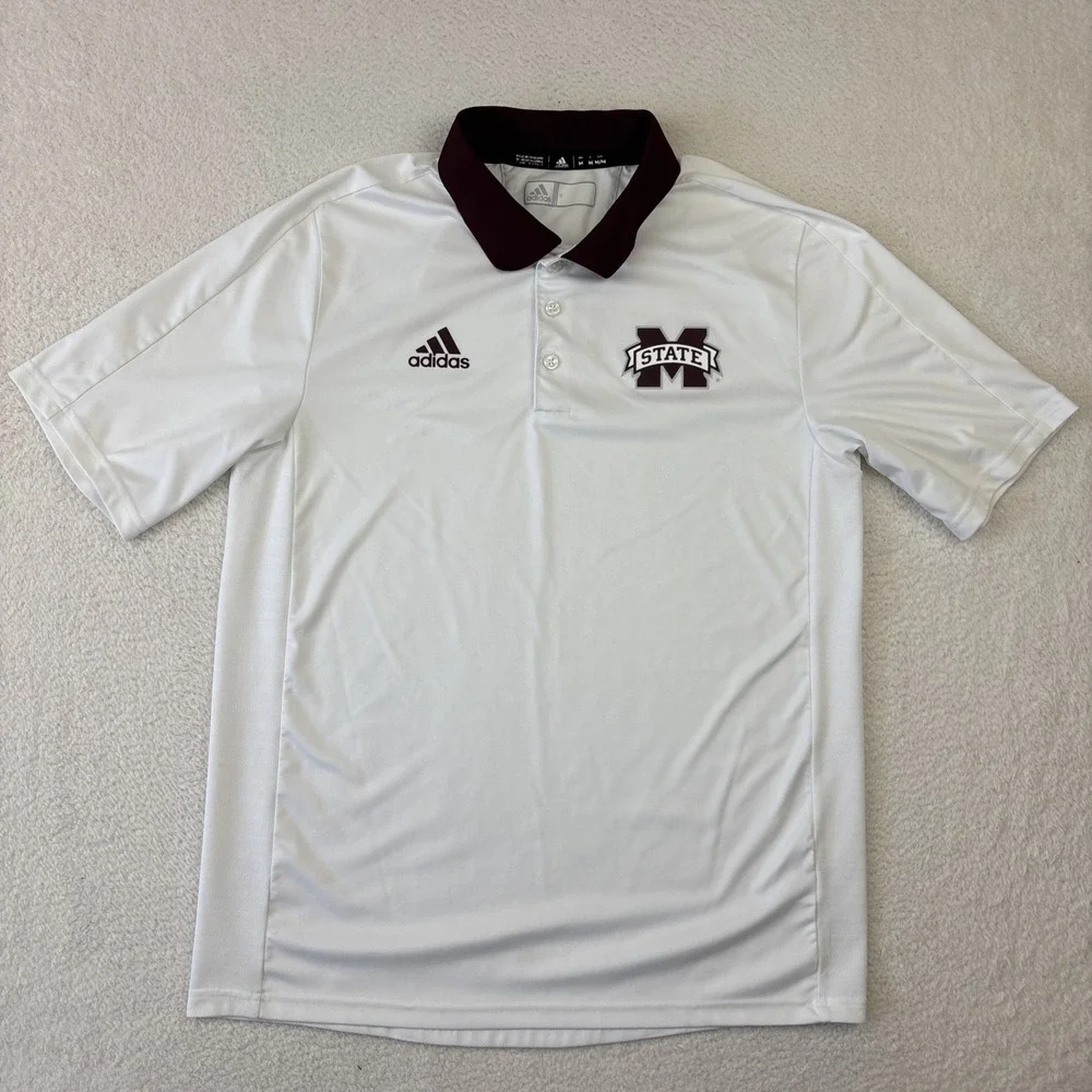 MISSISSIPPI STATE BULLDOGS x ADIDAS Mens Polo Shirt Medium White Golf Stretch SS